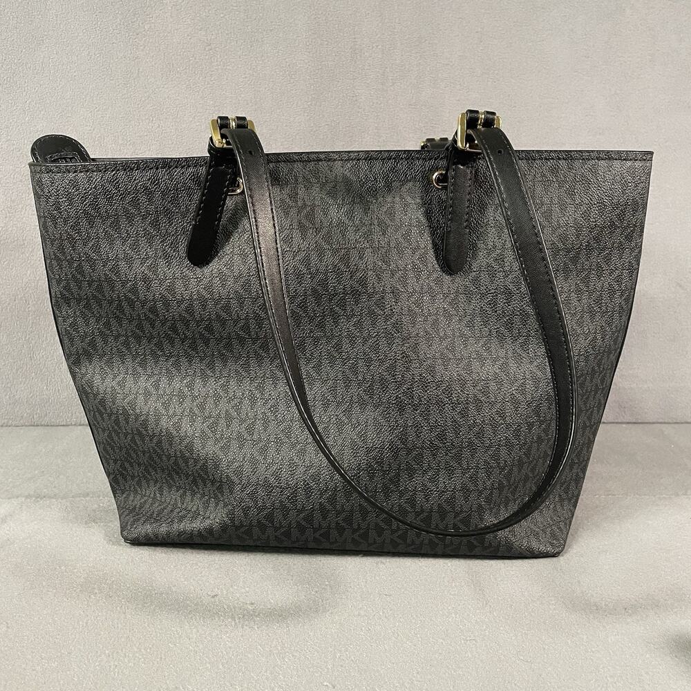 Michael Kors Jet Set Black & Gray Logo Medium Pocket Tote Handbag Purse - Picture 4 of 9